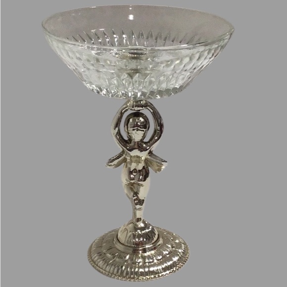 Vintage Silver Metal Cherub Taper Candle Holder w/Glass Compote Style Bowl - Picture 4 of 8